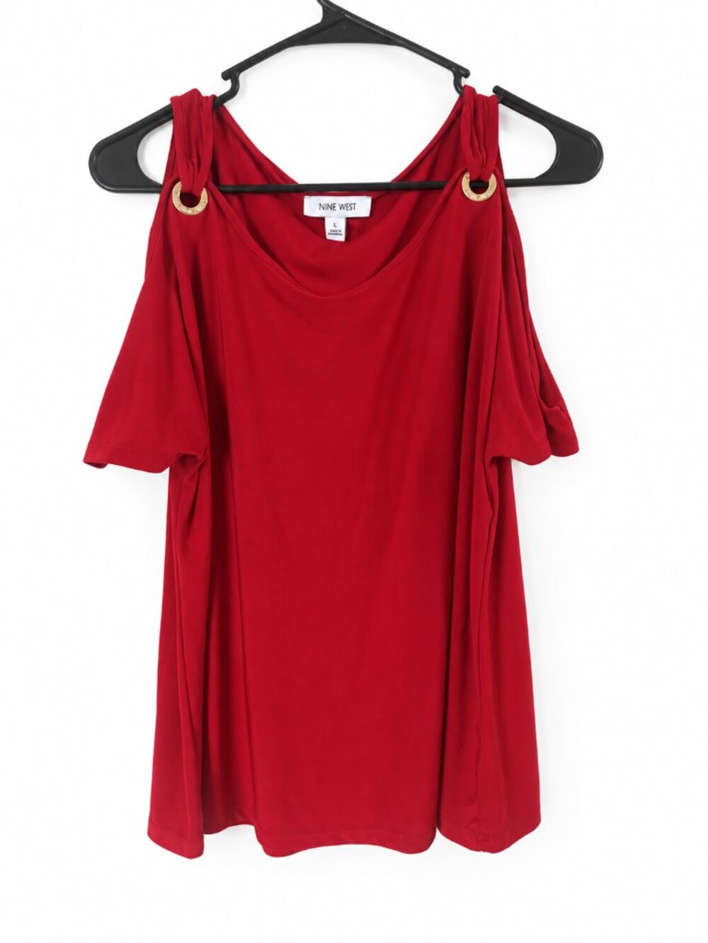 Nine West Drapey Cold Shoulder Top Red Gold Ring Accents Size Large